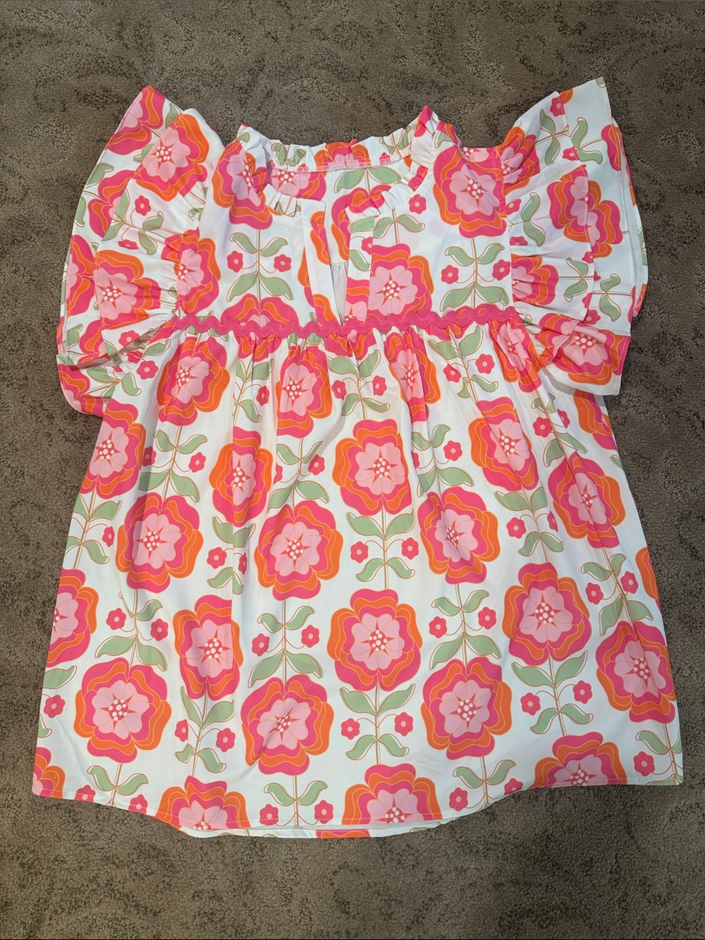 Women’s Floral Puff-Sleeve Blouse - White with Pink & Orange Flowers